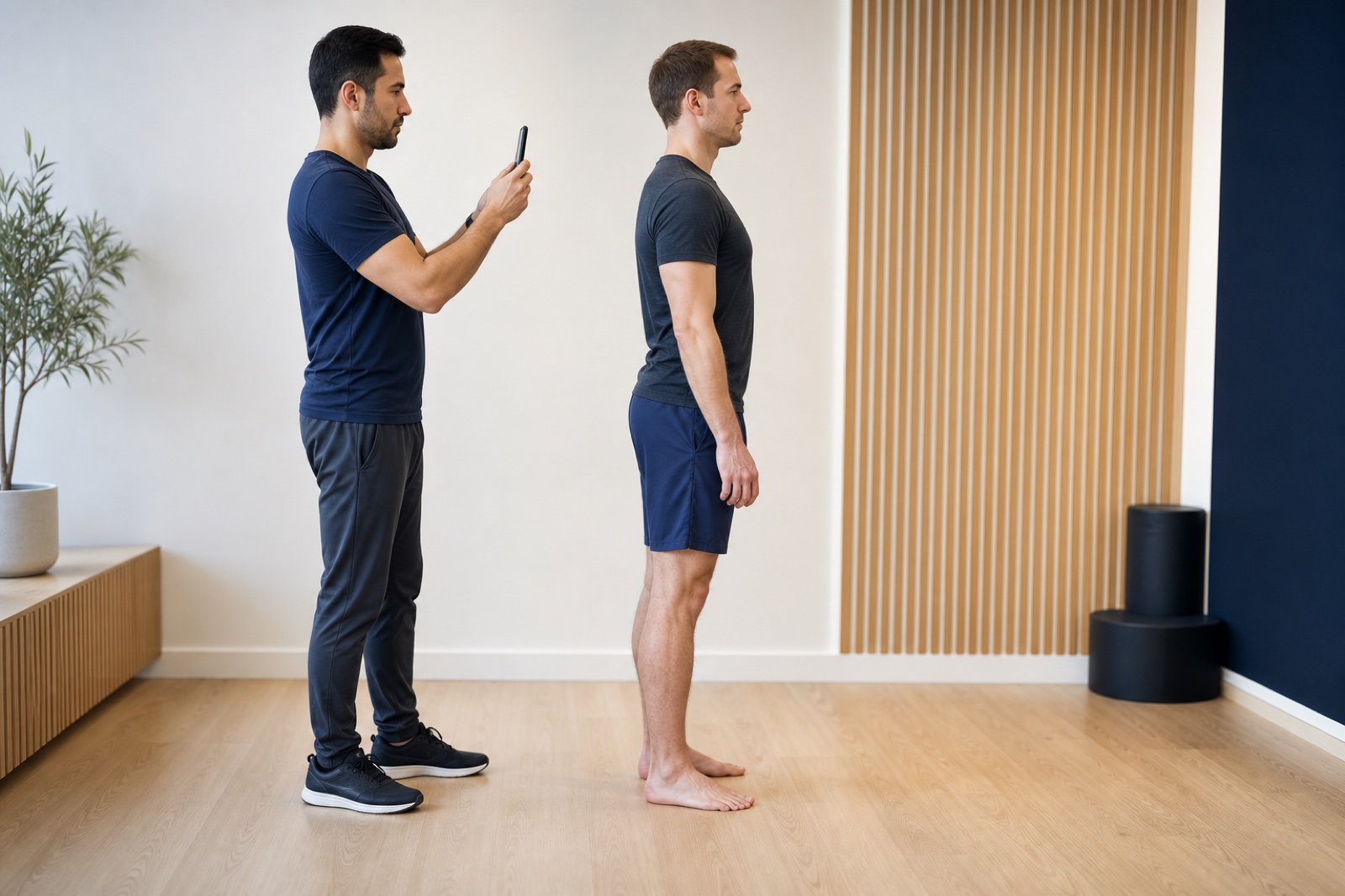Dos profesionales deportivos adultos completando una captura postural con un teléfono móvil